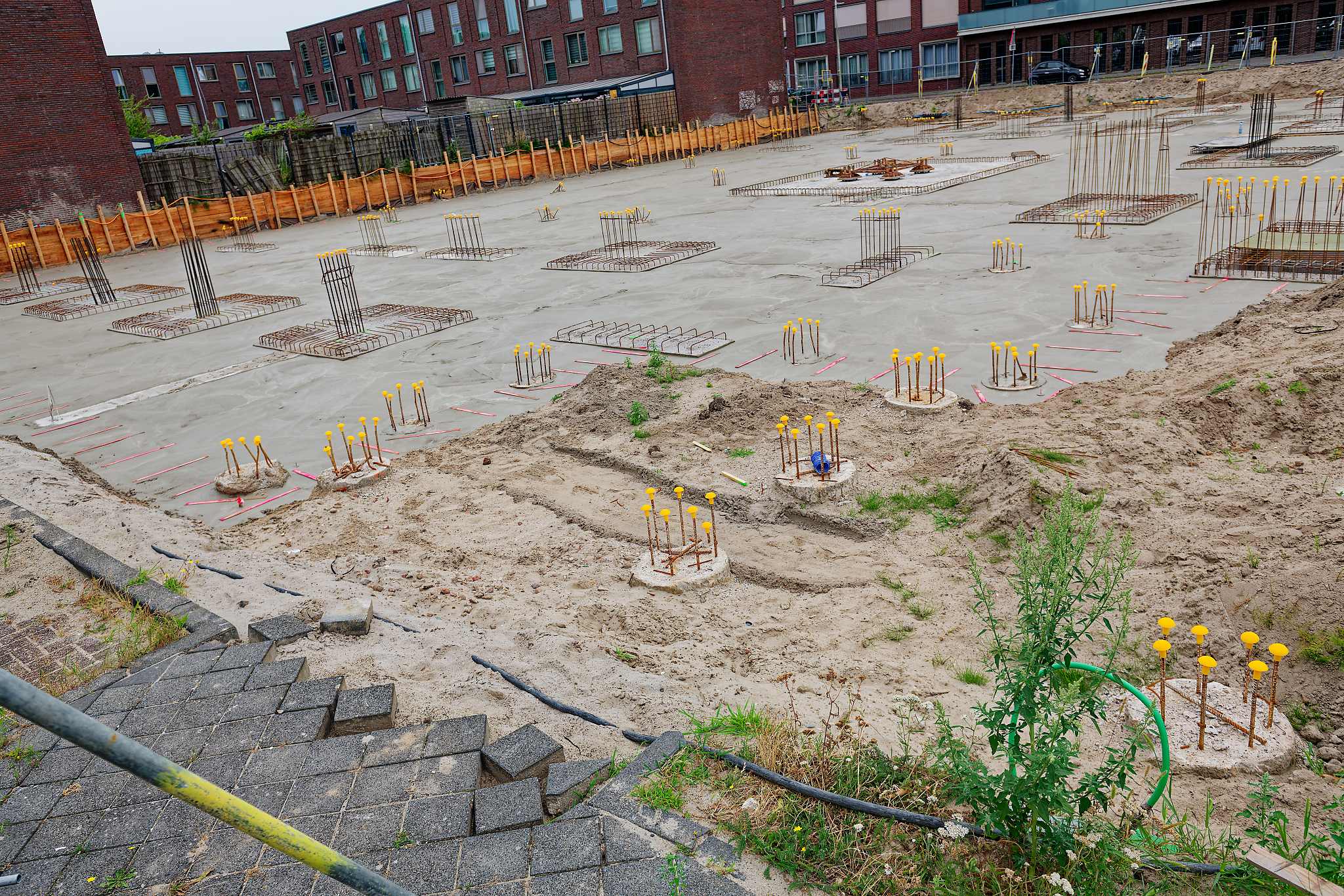 Elevated wide view of the Circulus site showing a broad expanse of freshly poured, still-wet grey concrete floor slab covering most of the plot, dozens of rebar column starters capped in yellow rising from it in a grid, timber hoarding along the back boundary and brick apartment buildings beyond