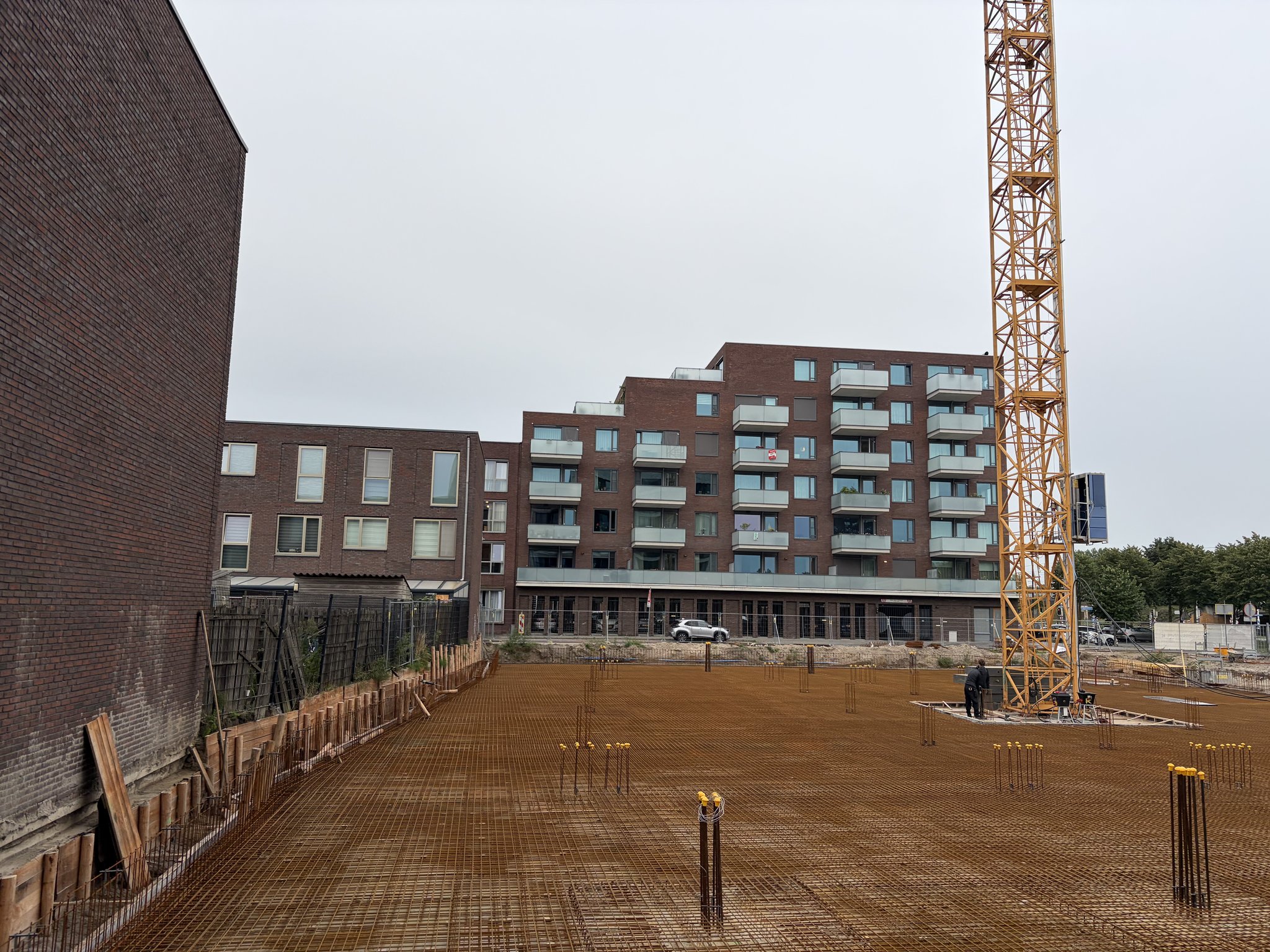 The rust-brown rebar mesh deck of the Circulus site running from the timber retaining wall along a dark brick gable toward the tower crane and a seven-storey brick apartment block, yellow-capped column starter bars rising from the mesh under a flat grey sky