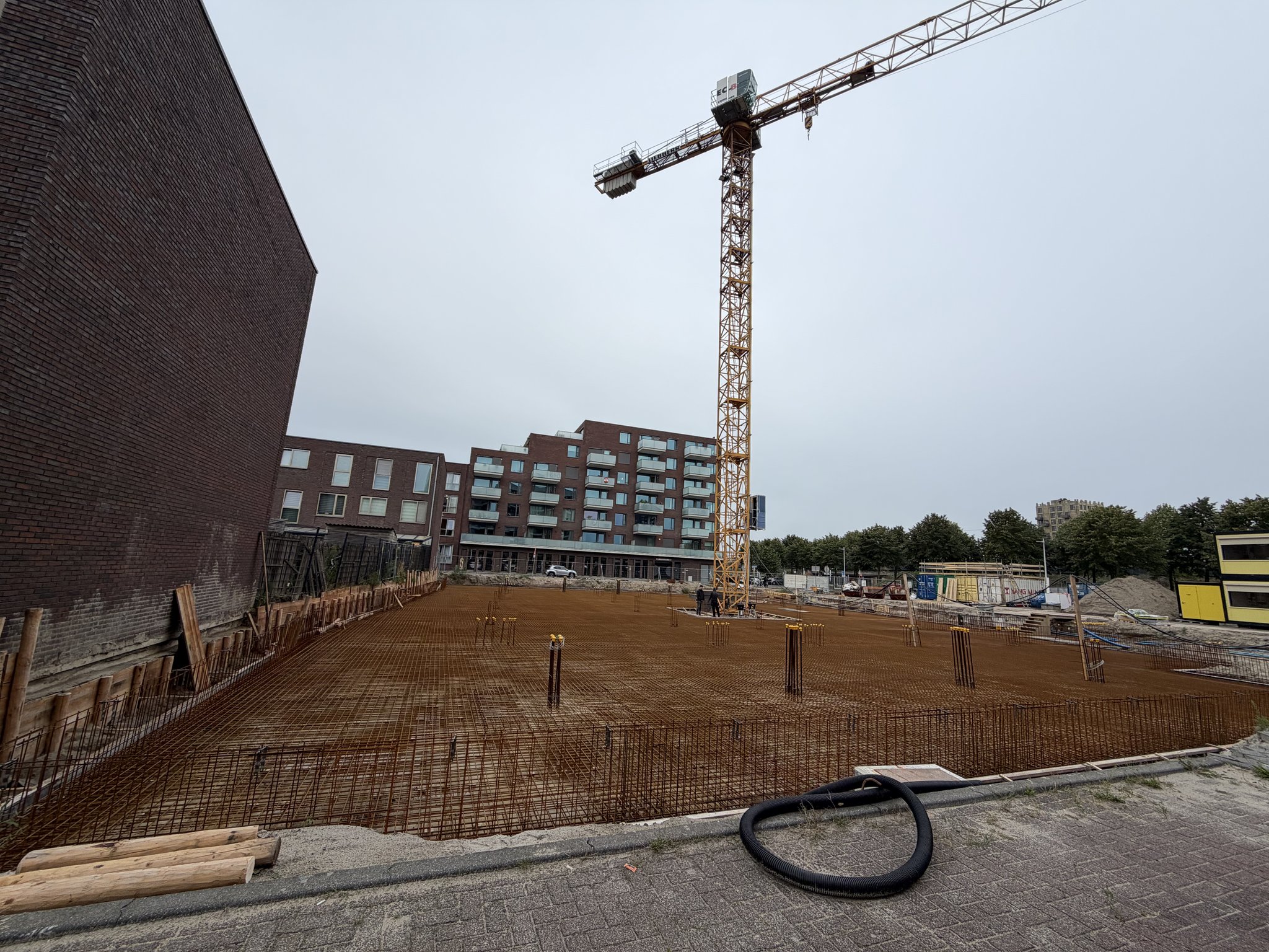 Full-length view of the finished rebar mesh deck at Circulus Utrecht from beside a dark brick gable wall, column starter bars spaced across the plot, the tower crane standing in the middle distance, a coiled black hose on the pavement in the foreground
